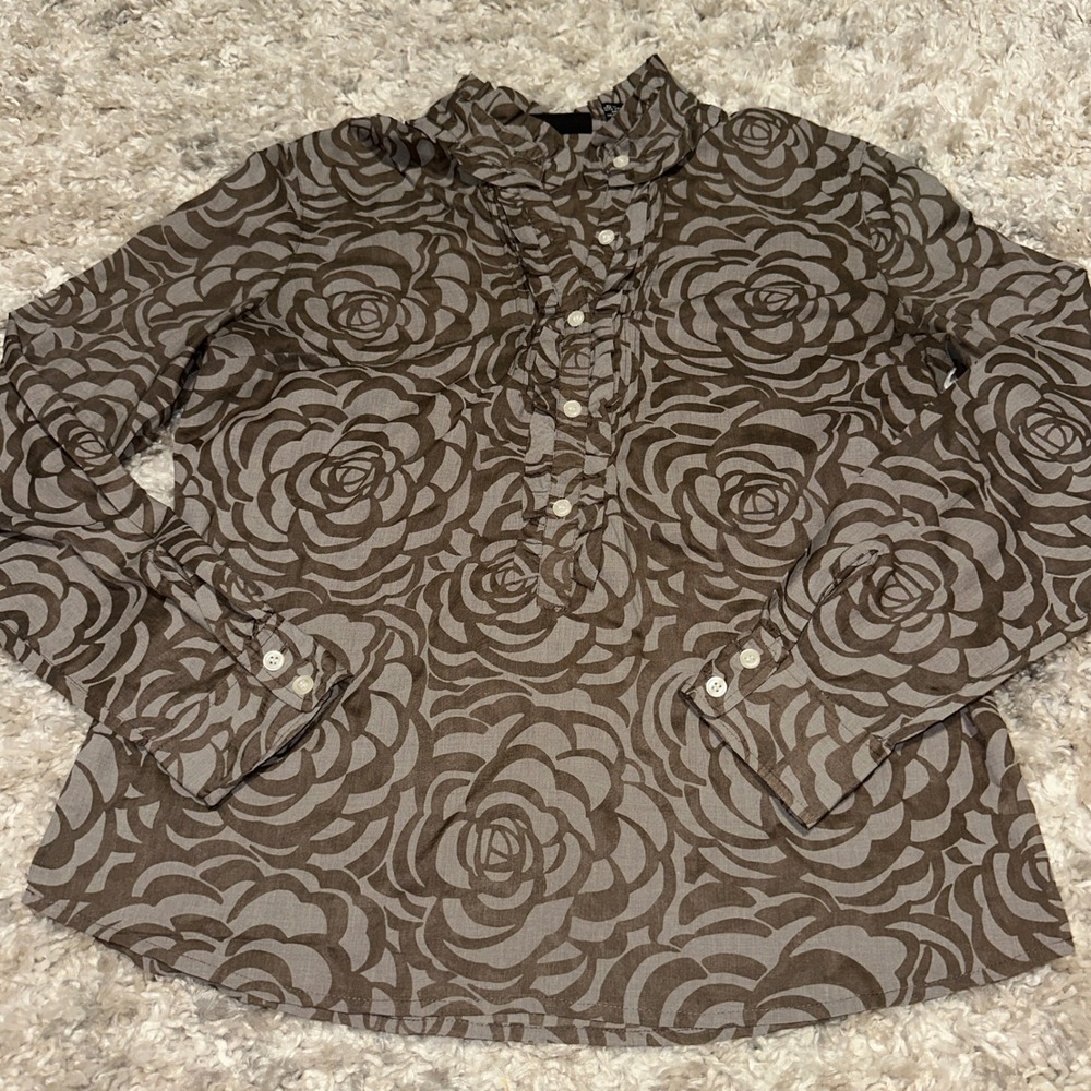 New York & Company Womens Brown Rose Floral Ruffle Collar Blouse Top Medium